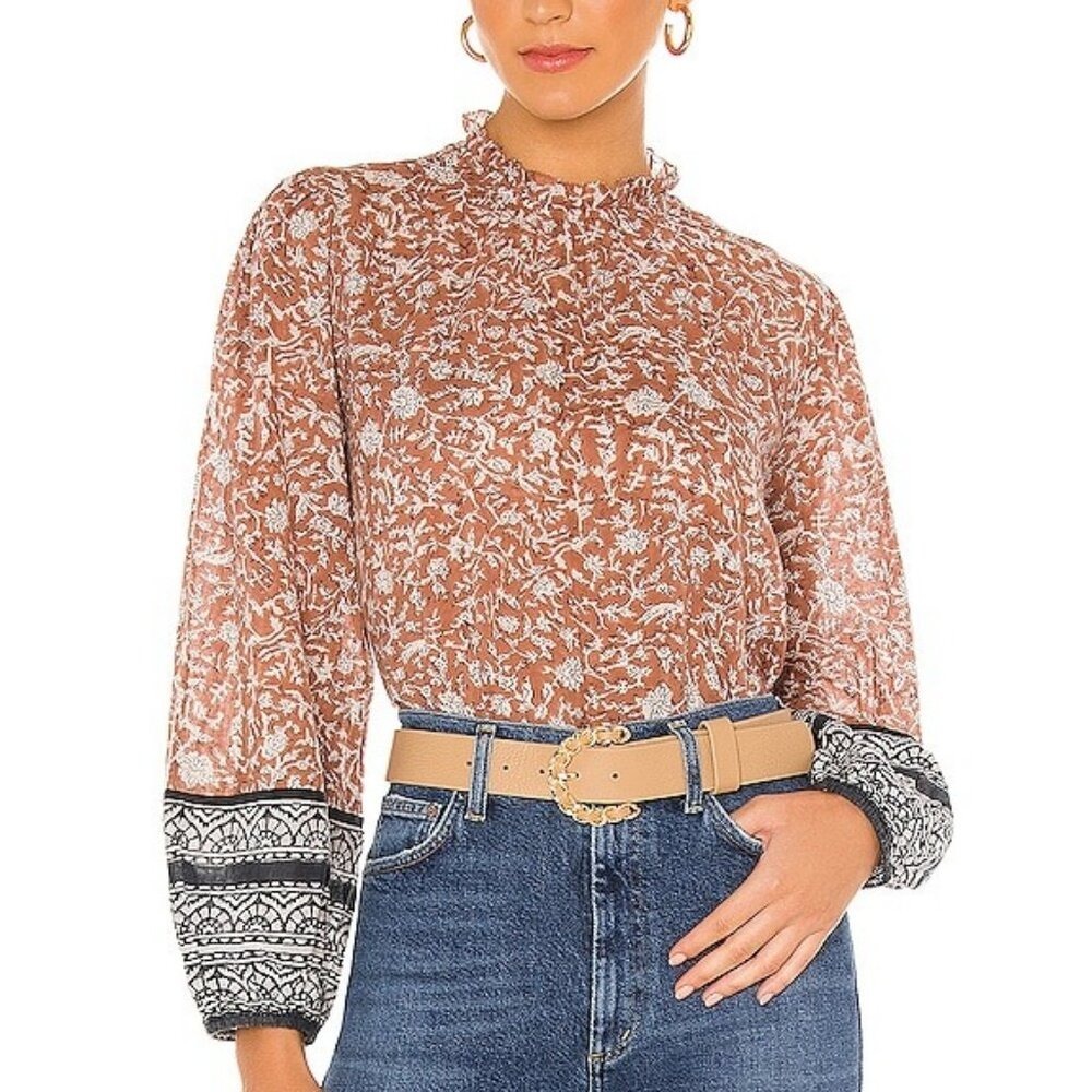 Cleobella Nasir Raja Floral Blouse Large Ruched Neck Cotton Boho Luxe Top - Picture 17 of 17